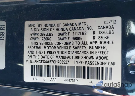 2012 Honda Civic Si from USA, damaged, VIN 2HGFG4A57CH703927